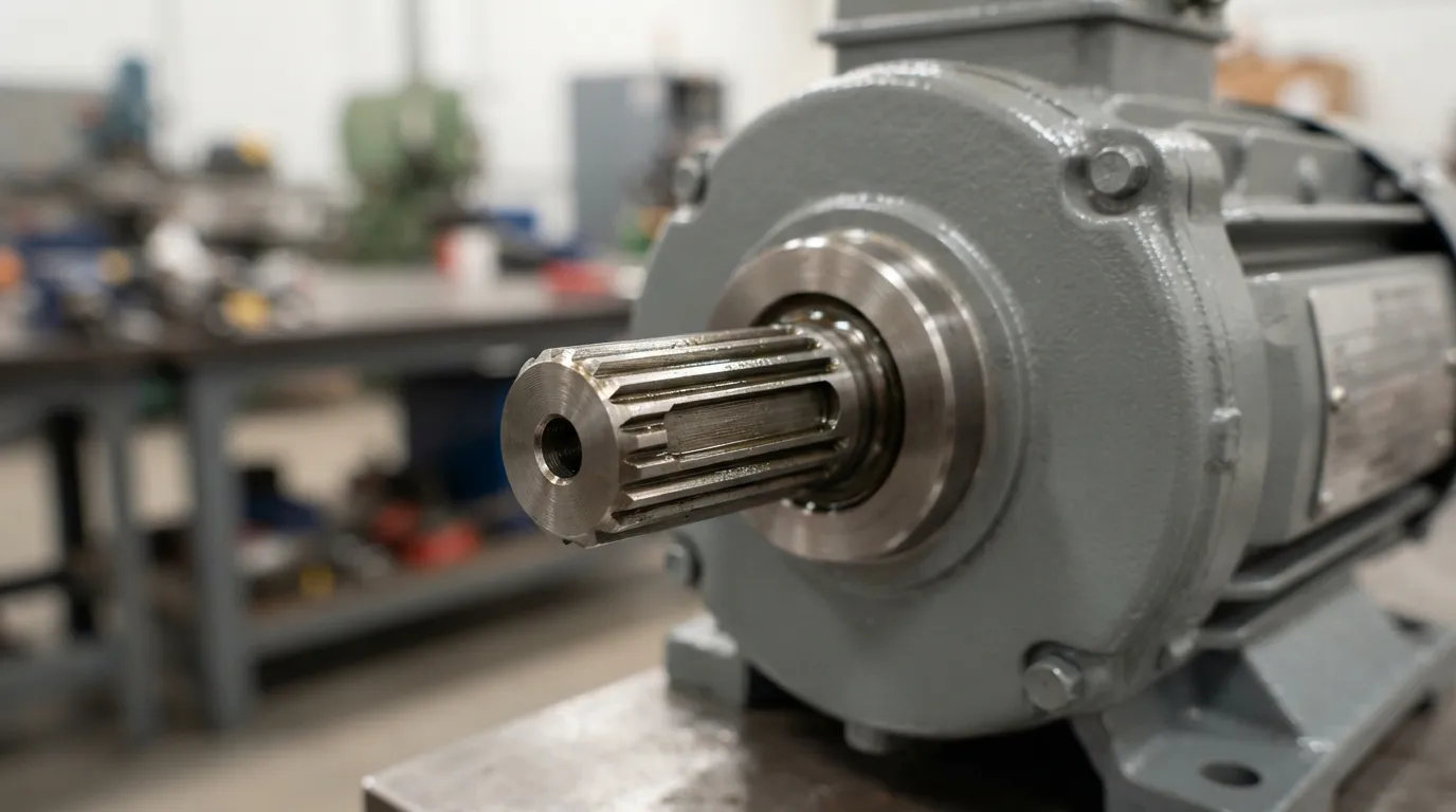Machined steel motor shaft with keyway and splines on a new industrial electric motor.