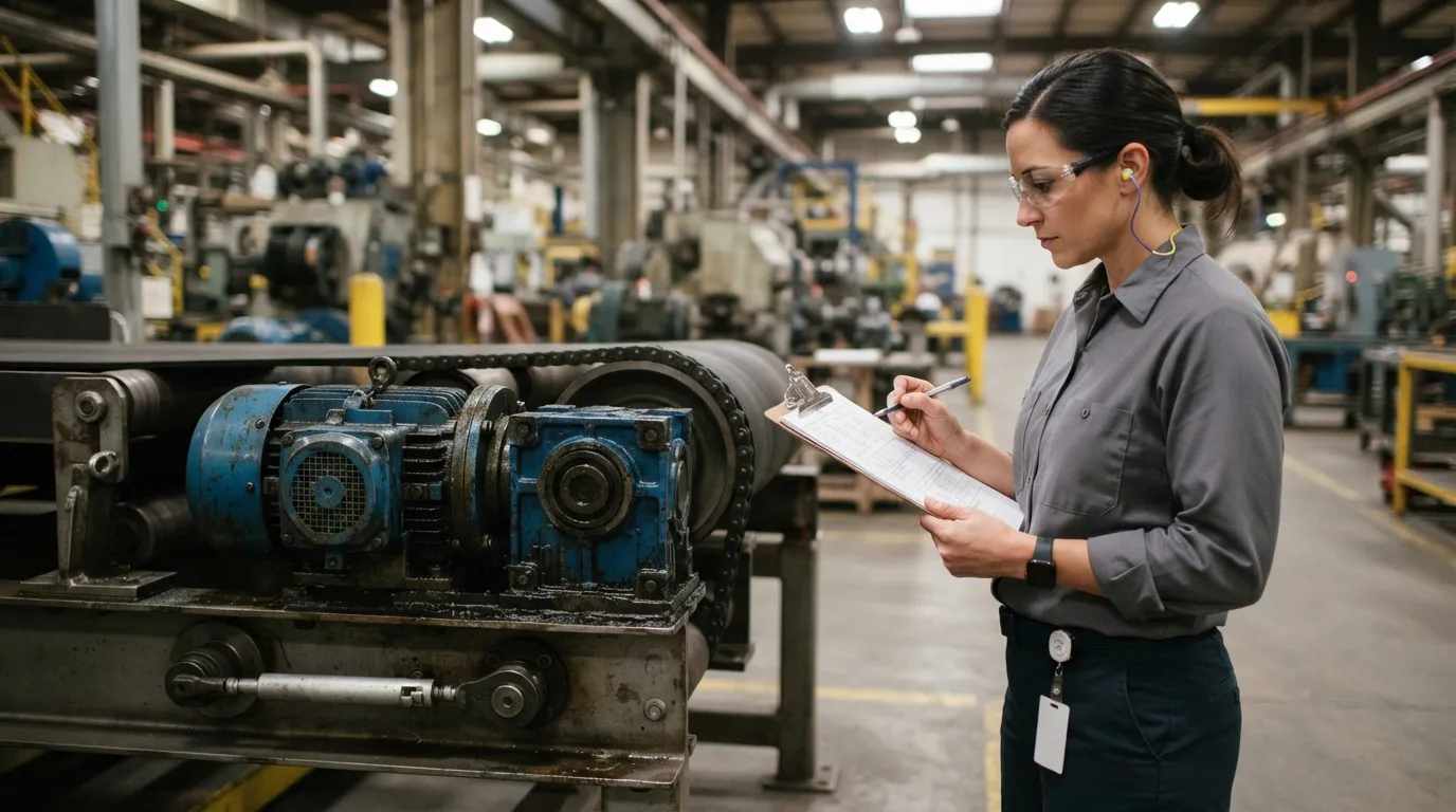 Engineer comparing a data sheet with a conveyor gearmotor drive system in a plant.