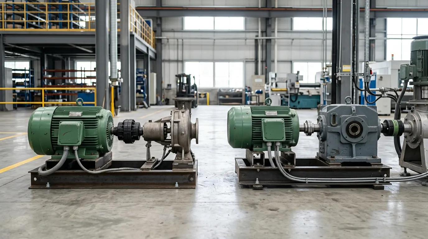 Industrial TEFC electric motor and separate gearbox arranged side by side on a factory floor.