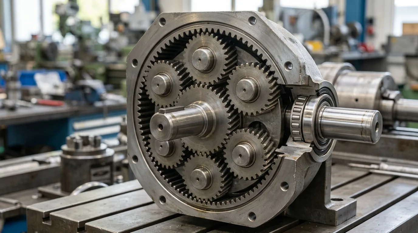 Cross-section cutaway of a planetary gearbox revealing sun gear, planet gears, and ring gear.