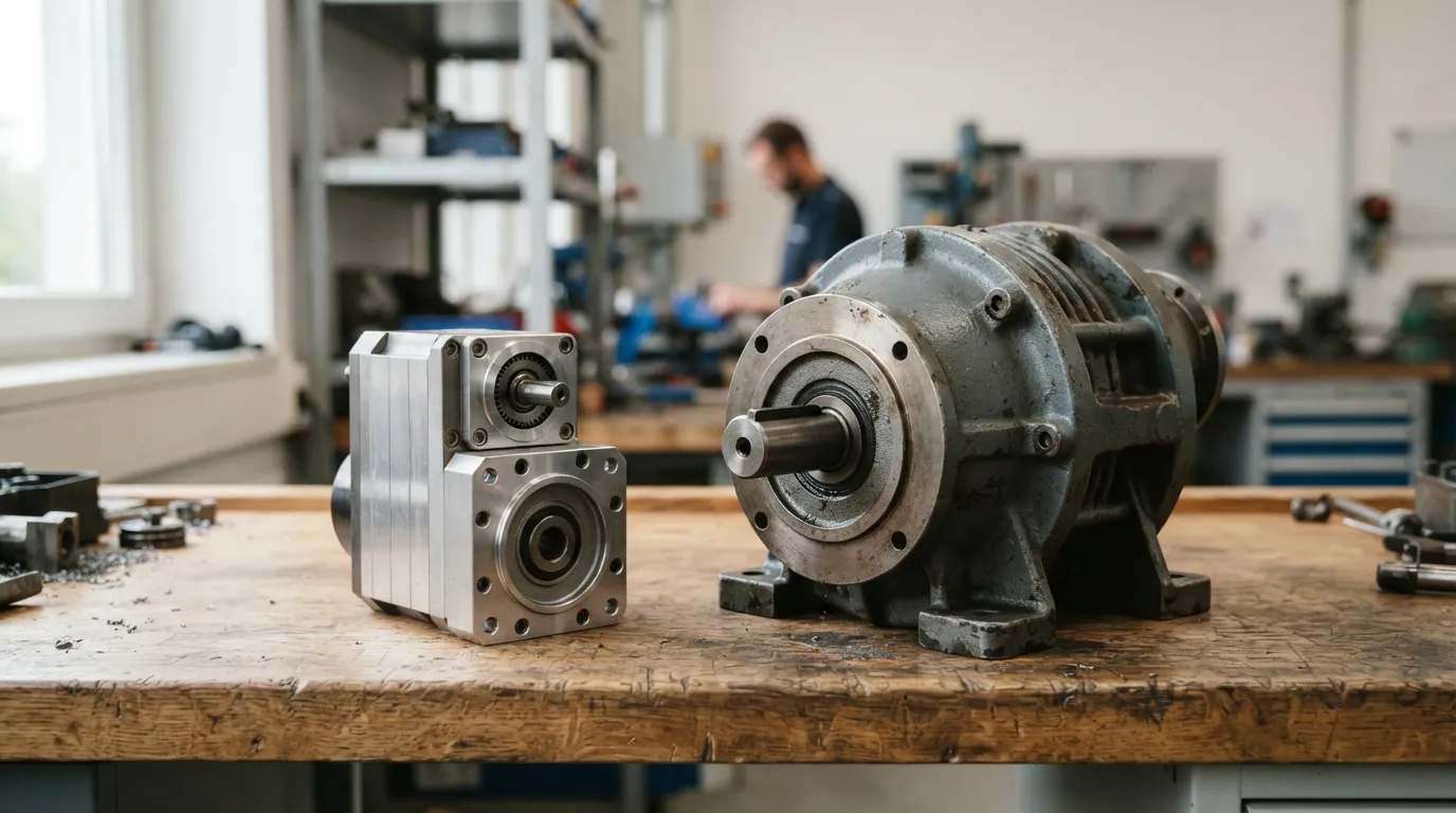 Two planetary gearboxes of different sizes showing precision and industrial design differences.