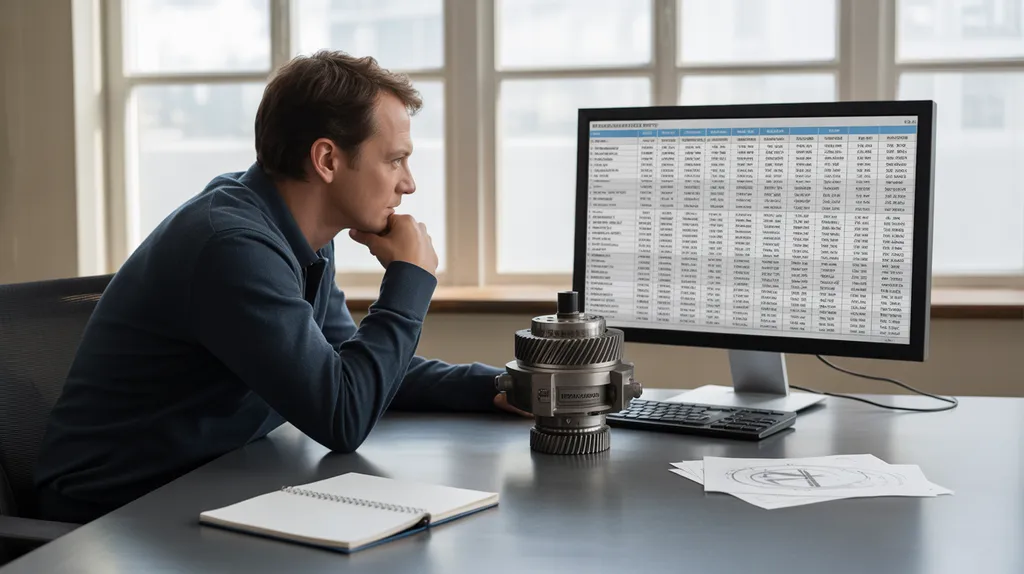 Engineer comparing gearbox specifications on a generic spreadsheet with a sample unit on the desk.