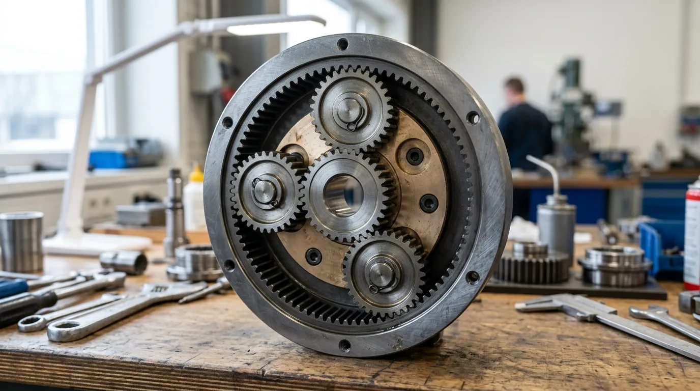 Machined sun gear, planet gears and ring gear of an open planetary stage showing tooth clearance at one mesh
