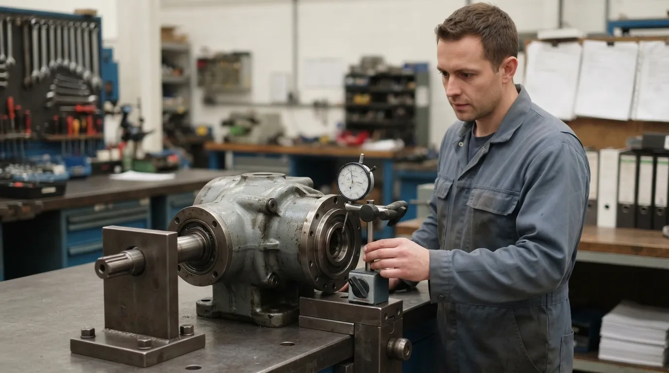 Dial indicator contacting the output flange of a bench-mounted planetary gearbox with the input shaft locked
