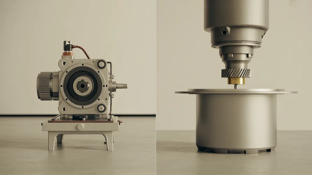 Small servo planetary gearbox on an indexing machine beside a large planetary reducer driving a paddle mixer shaft