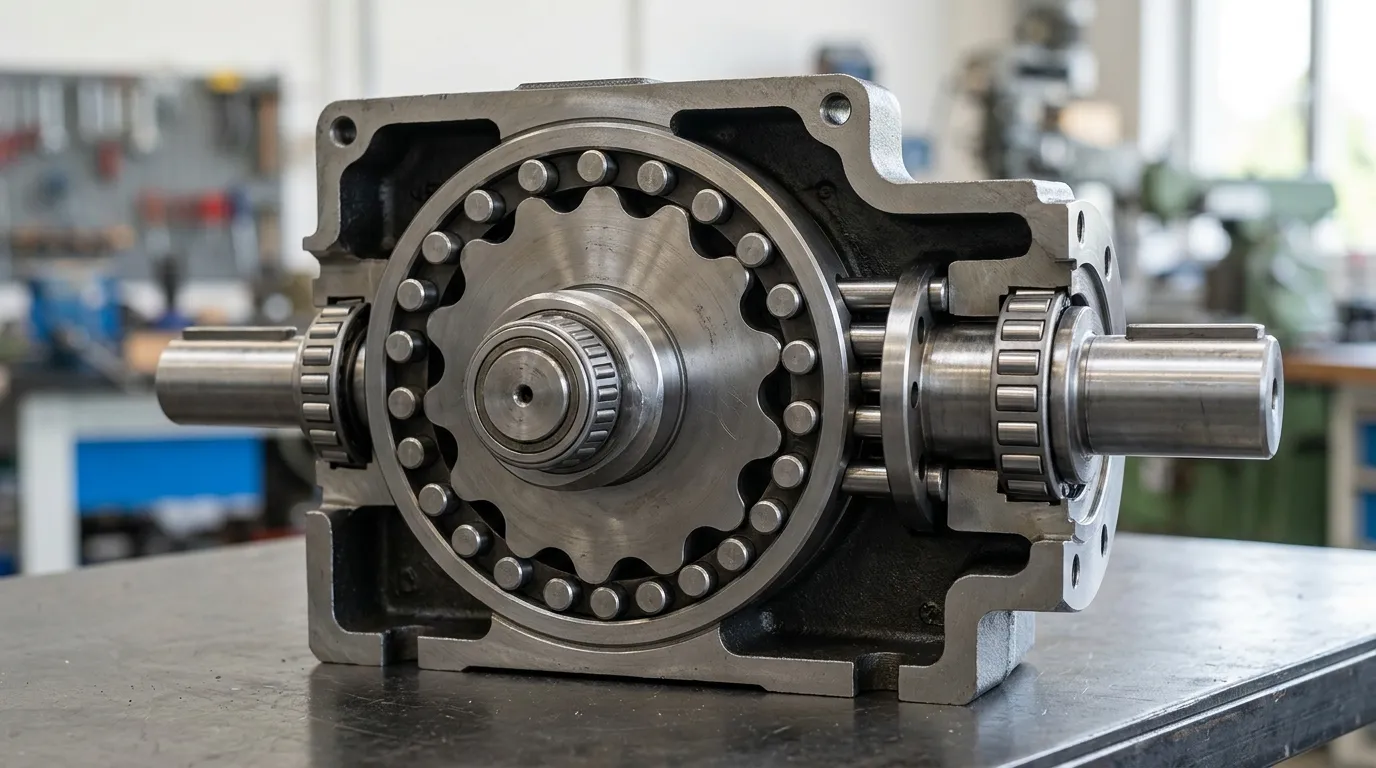 Cutaway view of a cycloidal reducer showing the lobed disc, ring pins, and eccentric cam inside the housing.