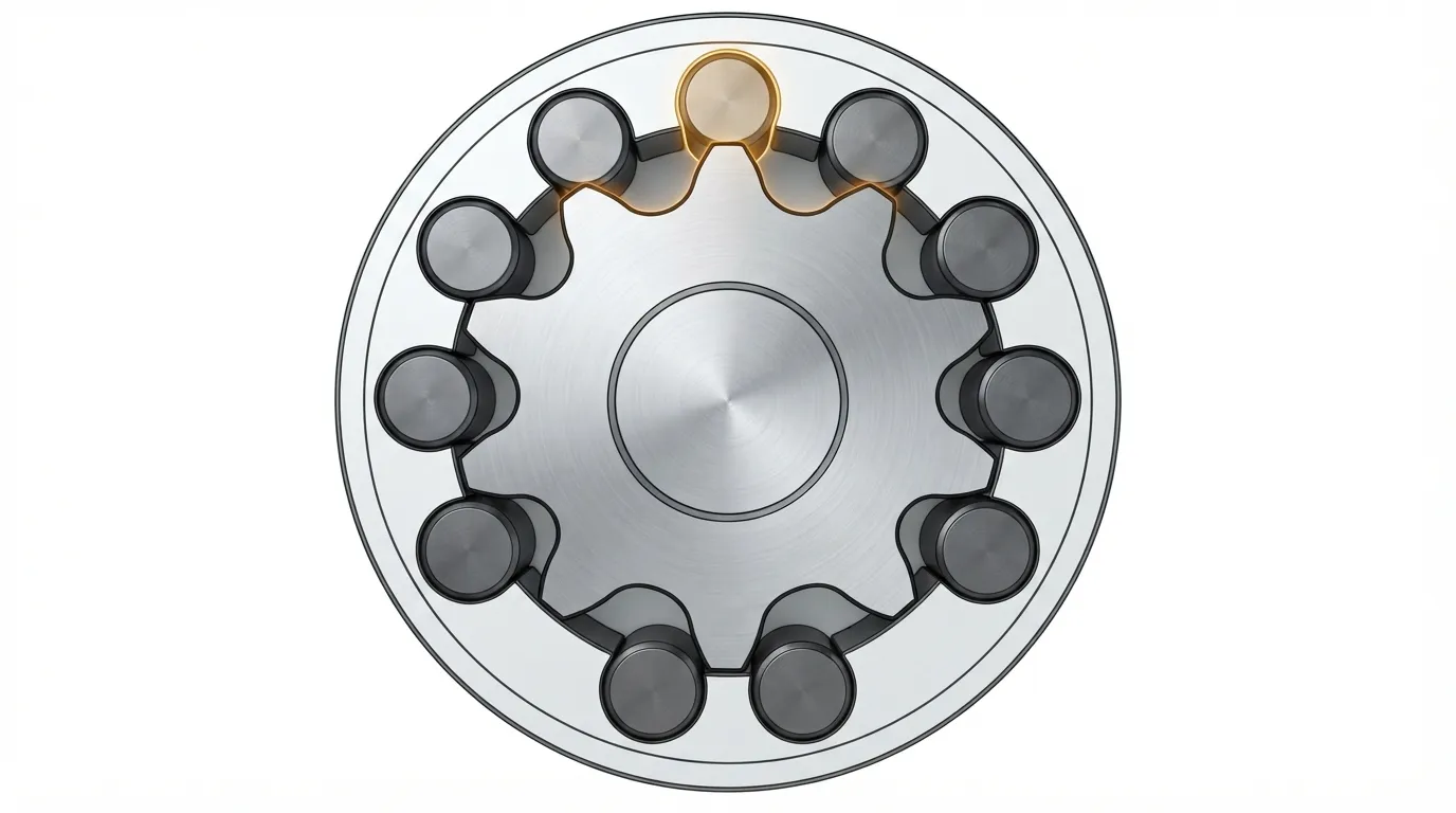 Technical visualization of a 9-lobe cycloidal disc inside a 10-pin ring showing the one-lobe difference.