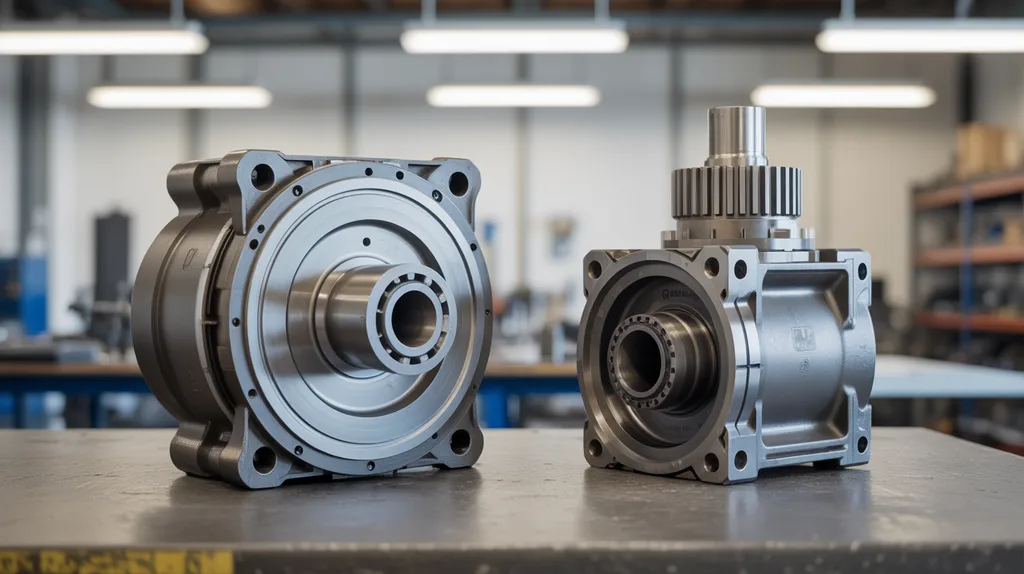 Side-by-side comparison of a cycloidal reducer and a planetary gearbox of similar size on a workshop bench.