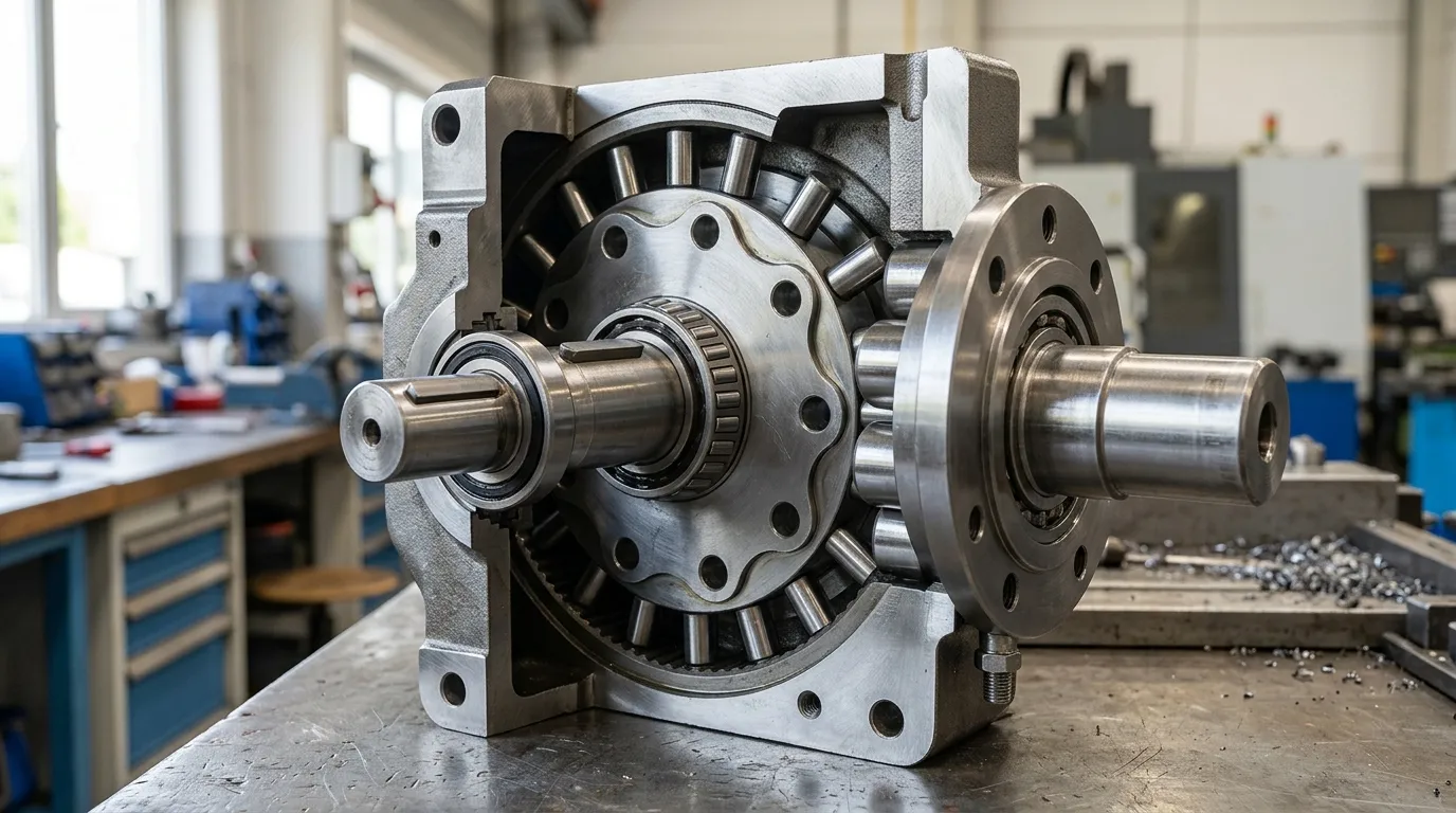Cutaway of a cycloidal gear reducer with lobed disc, eccentric shaft, ring pins and output rollers visible.