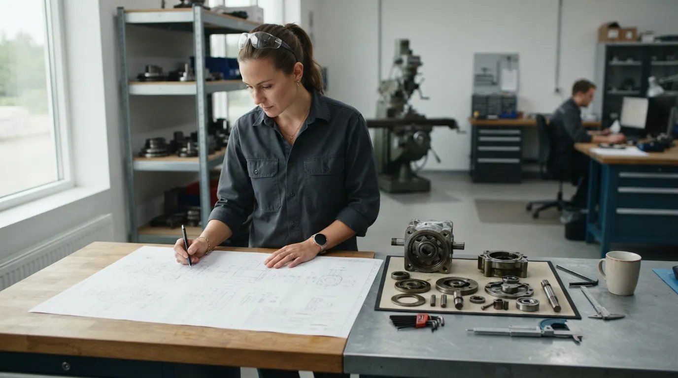 Engineer reviewing a gearbox specification drawing next to a disassembled cycloidal reducer on a workbench.