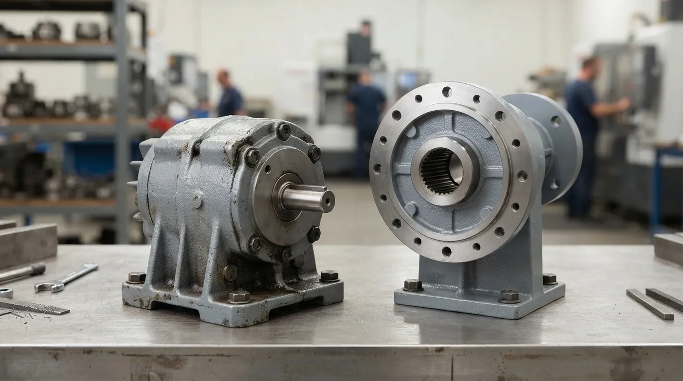 Side-by-side comparison of an industrial pin-wheel cycloidal reducer and a precision flange-mounted RV-type cycloidal reducer.