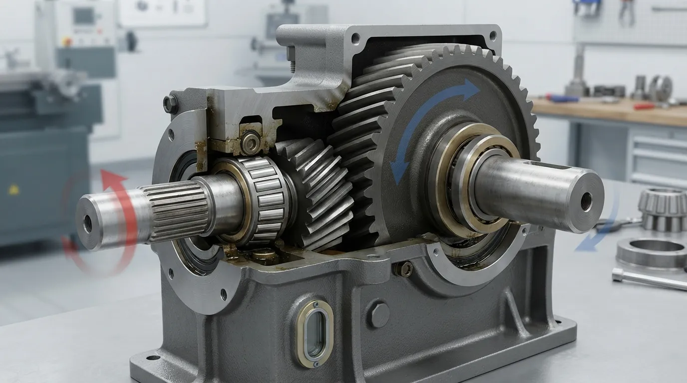 Cutaway view of meshing gears between input and output shafts