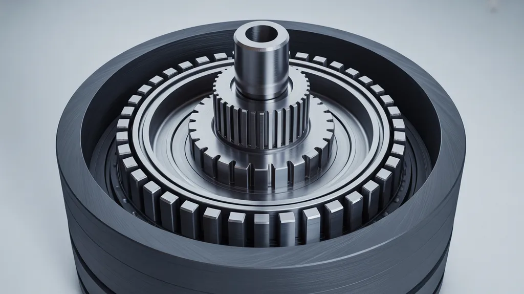 Cutaway of a cycloidal gearbox with eccentric bearing, cycloidal disc, and ring gear pins visible.