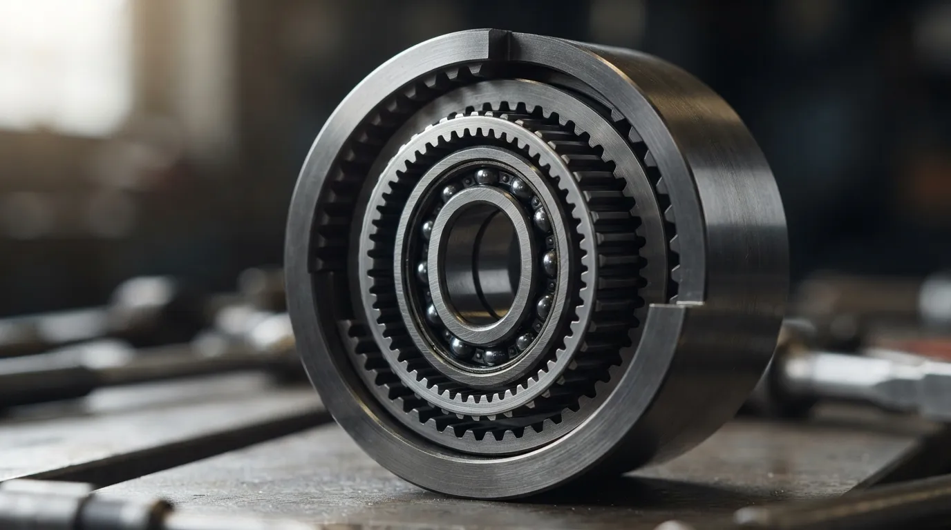 Cutaway of a harmonic drive with wave generator, flexspline, and circular spline components visible.