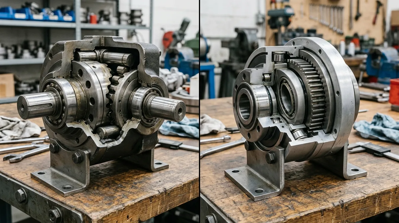 Side-by-side cutaway comparison of a cycloidal drive and a smaller harmonic drive on a workbench.