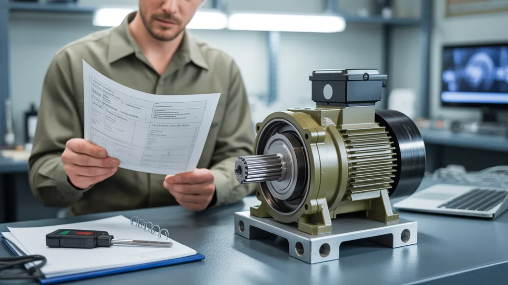 Ingegnere che sta esaminando l'installazione di un motore industriale a ingranaggi e la scheda tecnica generica