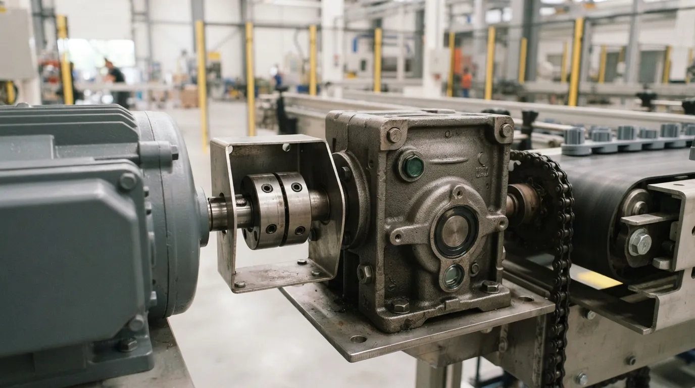 Electric motor with helical gearbox connected to a conveyor drive, close-up view of the output shaft.