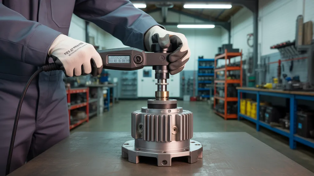 Engineer using a digital torque wrench on the output shaft of an industrial gear motor on a workbench.