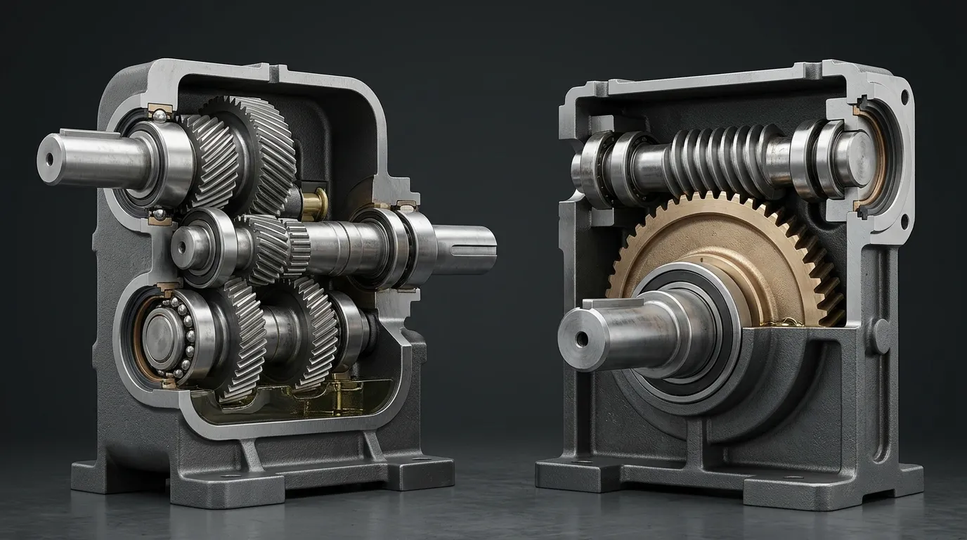 Cutaway comparison of a helical gearbox and a worm gearbox showing internal gear geometry side by side.