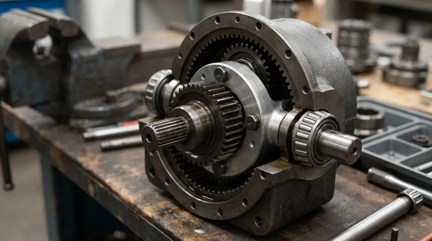Cutaway of a planetary gear set showing sun gear, planet gears on a carrier and ring gear
