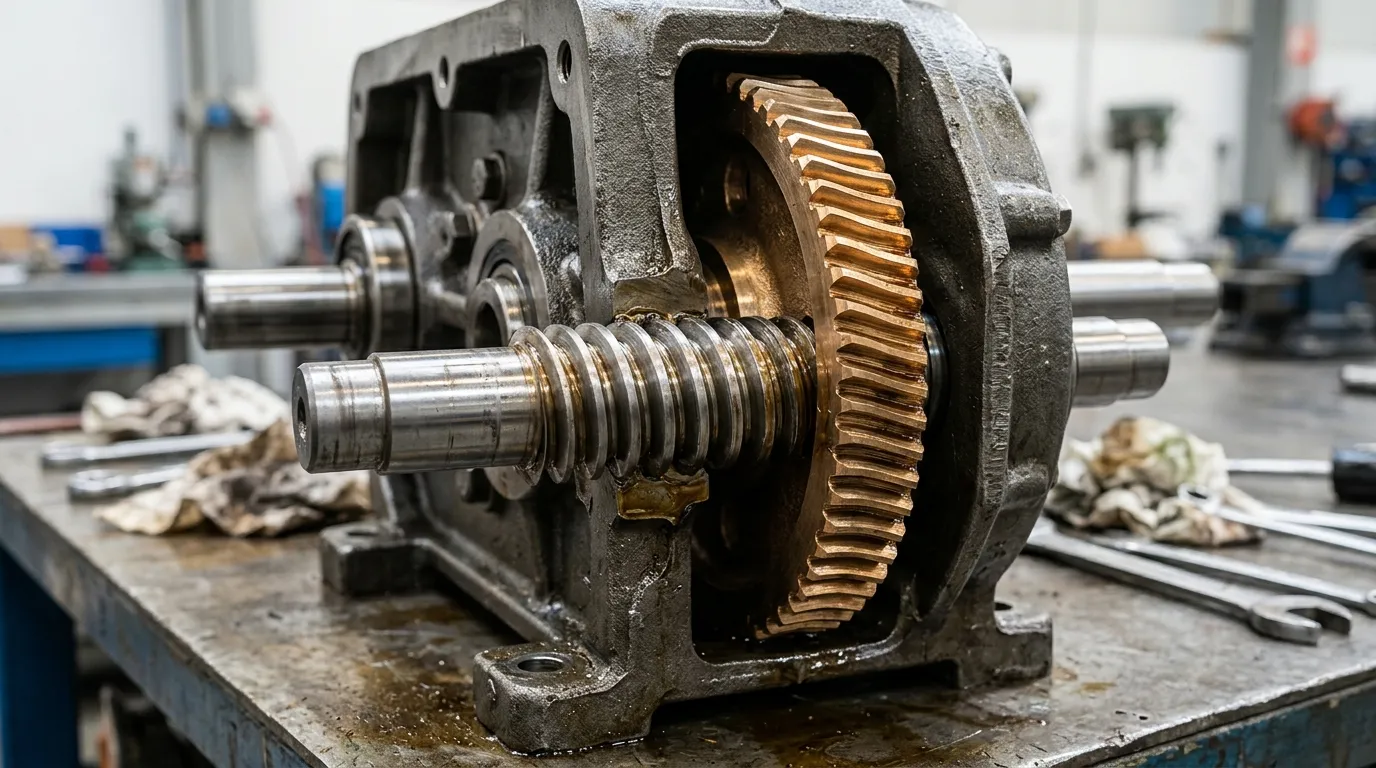 Cutaway of a worm gearbox showing a steel worm screw meshing with a bronze worm wheel