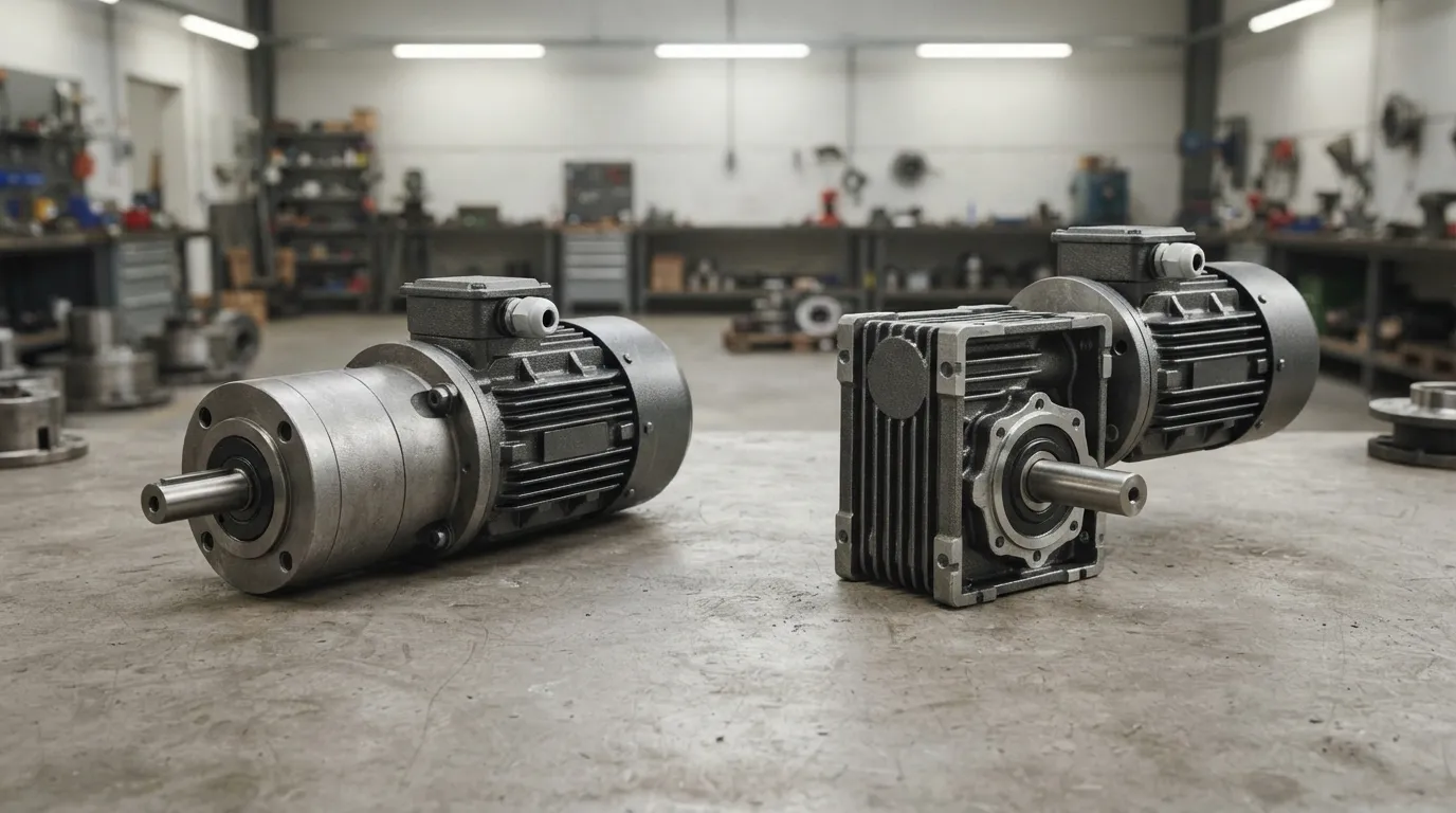 Inline planetary reducer with motor beside a right-angle worm gear motor on a workshop surface