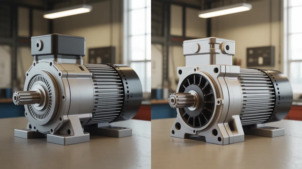 Side-by-side AC and DC gear motor assemblies on an engineering workbench