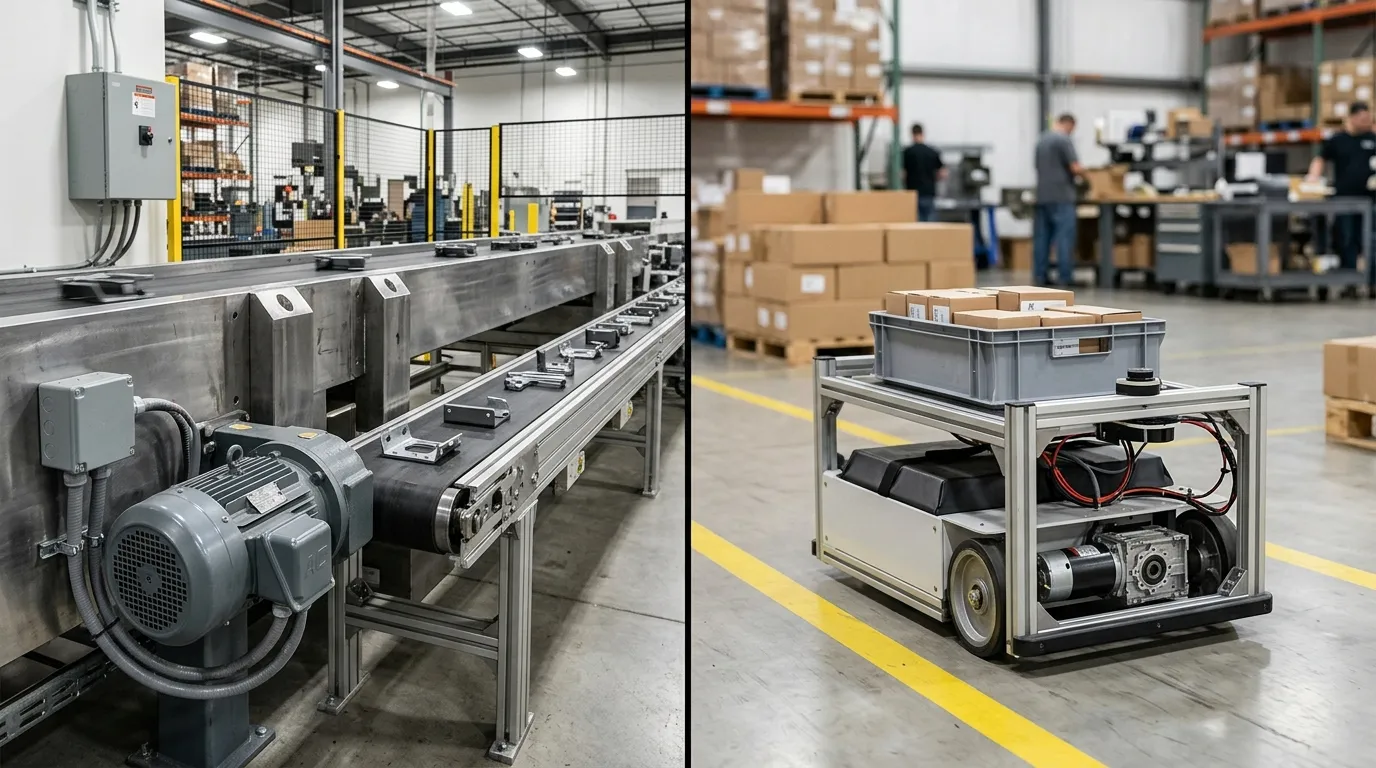 AC gear motor driving a conveyor beside a DC gear motor in battery-powered equipment