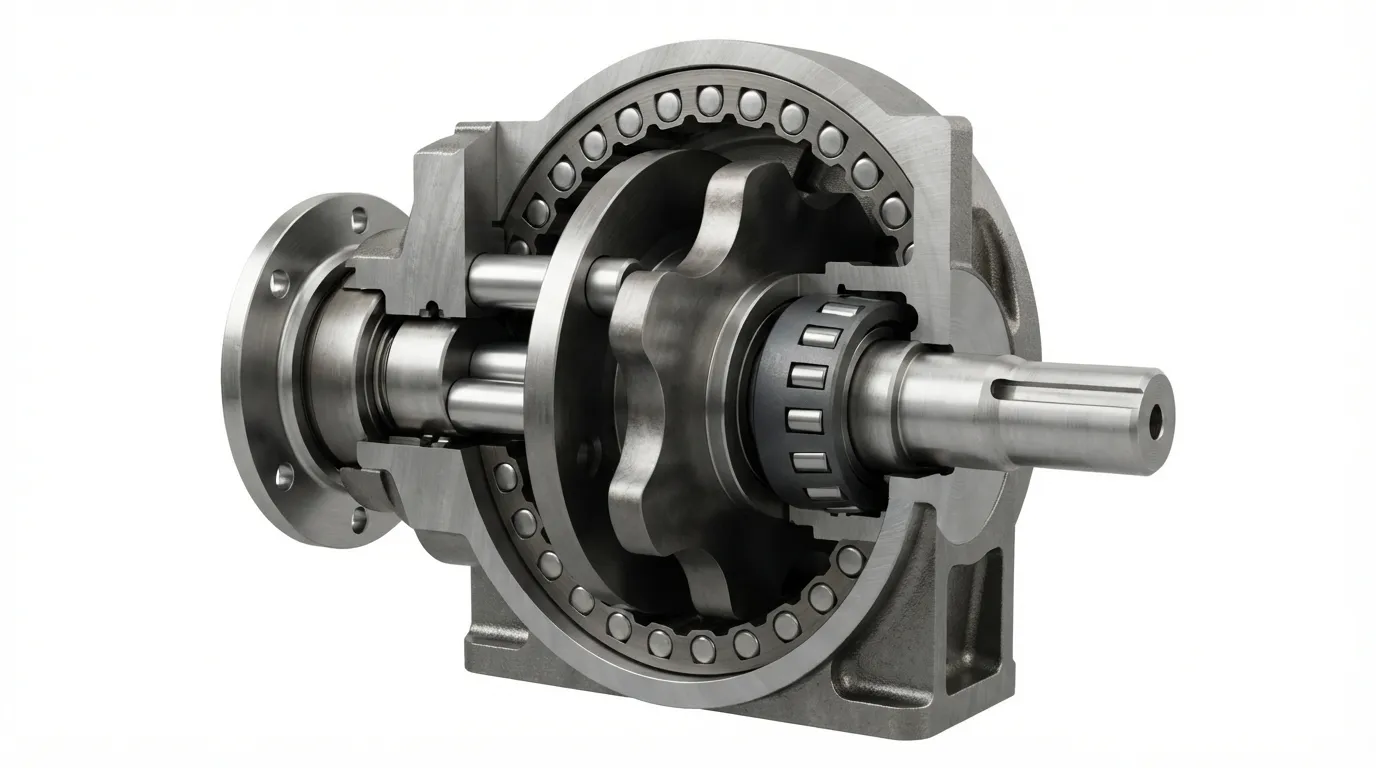 Cross-section cutaway of a cycloidal gearbox showing the eccentric bearing, lobed cycloidal discs, ring pins and output pins.
