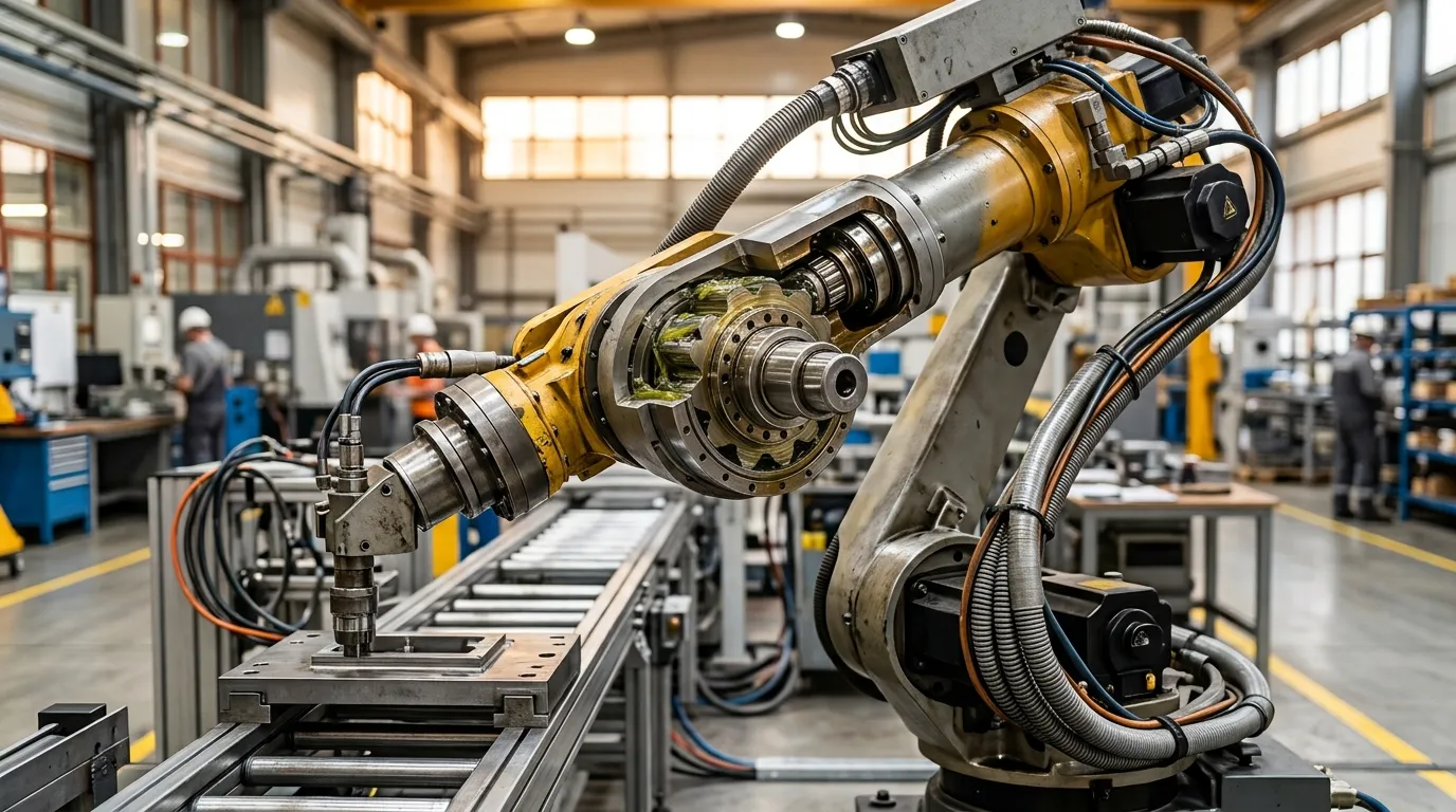 Industrial robotic arm with a cutaway joint exposing a compact cycloidal gearbox inside the joint housing.