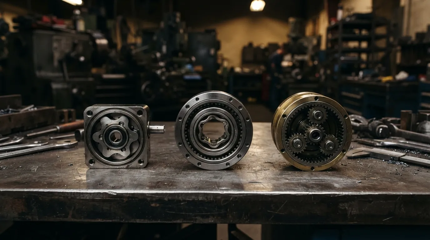 Three small precision gearboxes arranged side by side: a cycloidal gearbox, a harmonic drive, and a planetary gearbox.