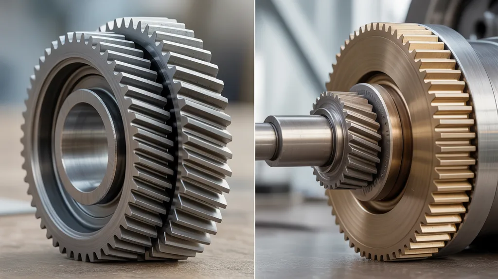 Close-up comparison of helical gear engagement and worm-and-wheel sliding contact