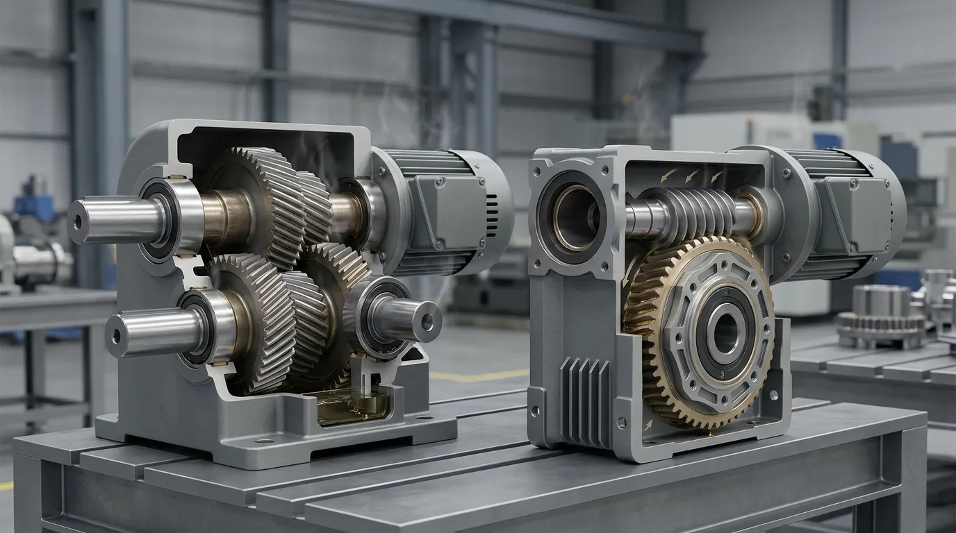 Cutaway comparison of helical and worm gearbox mechanisms with heat-related operating factors