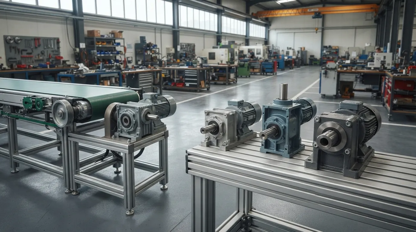 Industrial drive layouts comparing inline helical, right-angle worm and helical-worm gearbox configurations