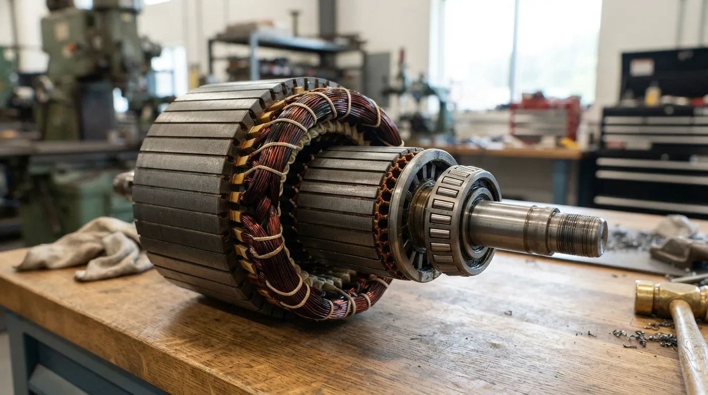 Close-up of an electric motor rotor and stator with copper windings and laminated steel core.