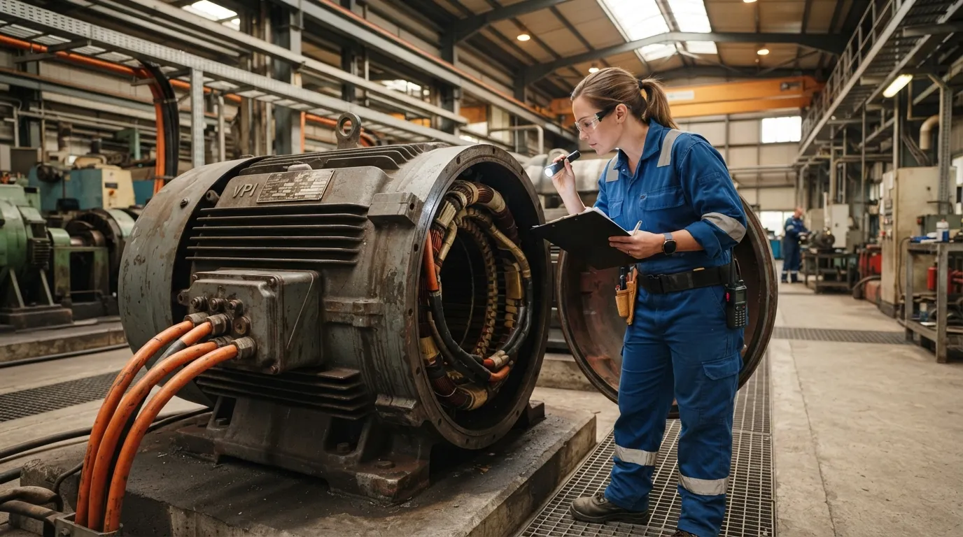 Engineer inspecting an electric motor nameplate inside an industrial facility.
