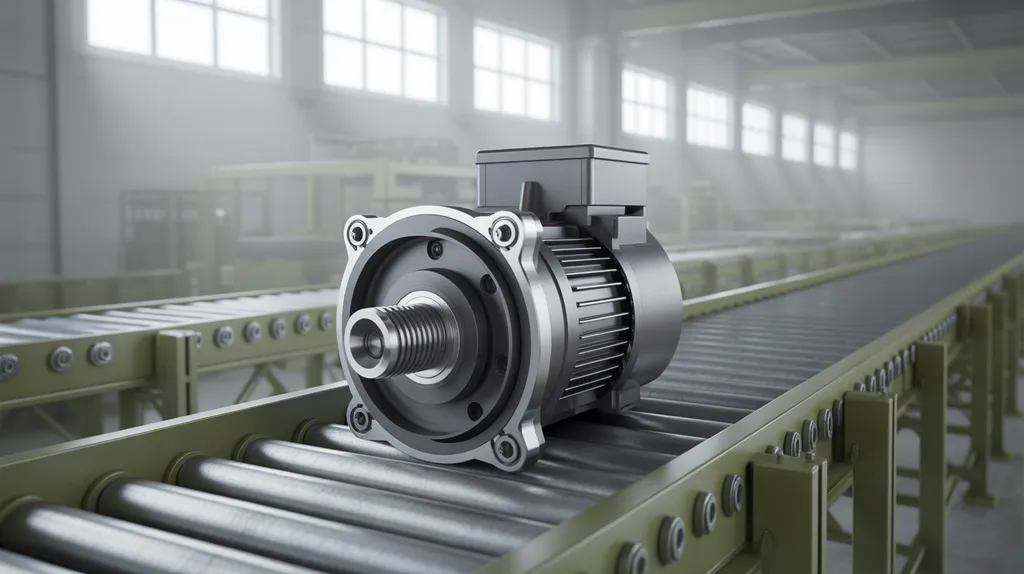 Compact gear motor unit mounted on a conveyor drive system in a material handling plant.