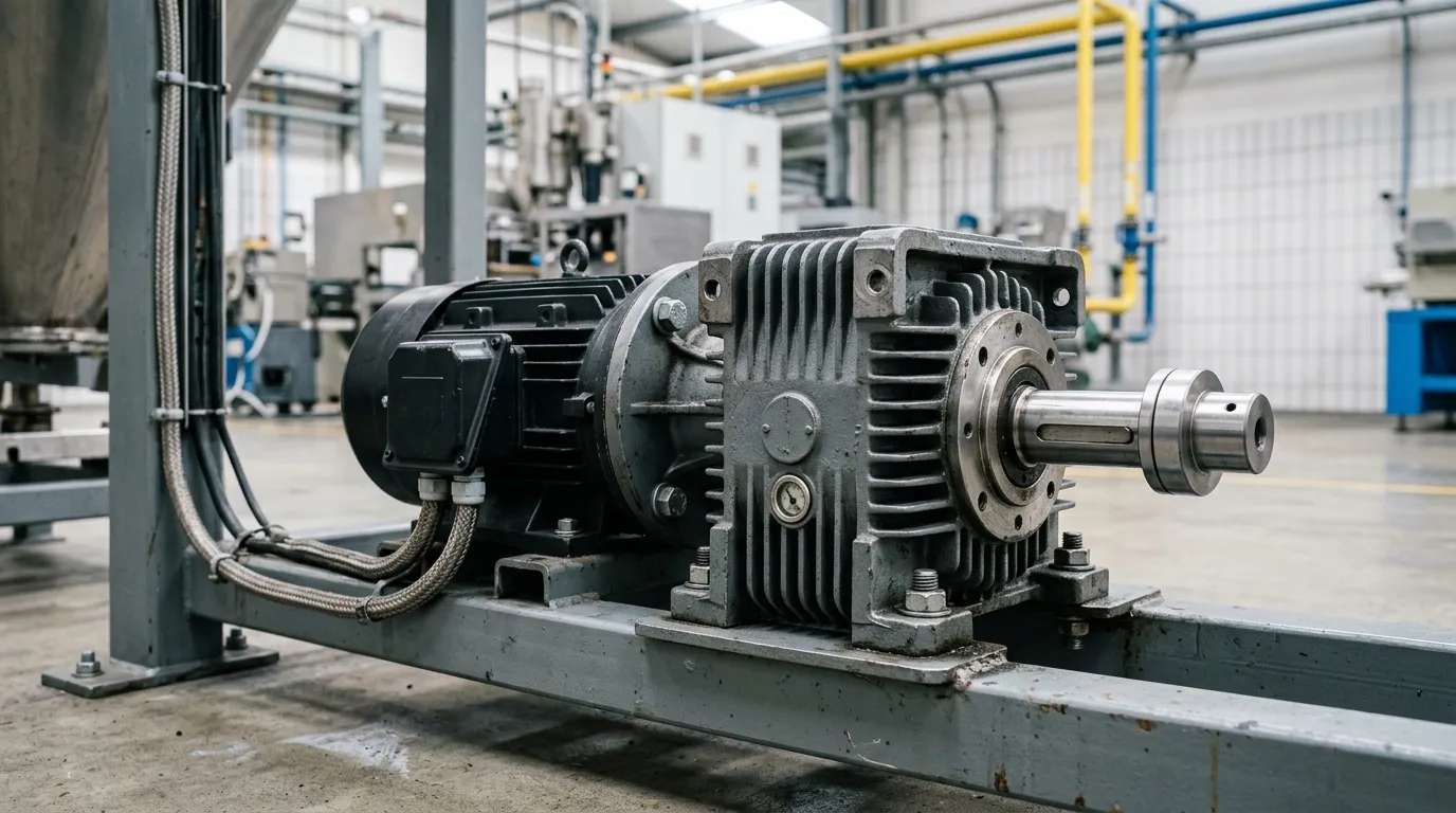 A helical gear motor mounted on a steel frame in a factory, showing the motor and gearbox housing.