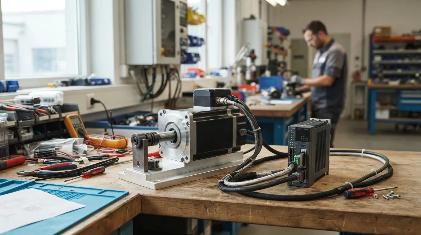 A servo motor with a rear encoder and a connected drive unit on a workbench.