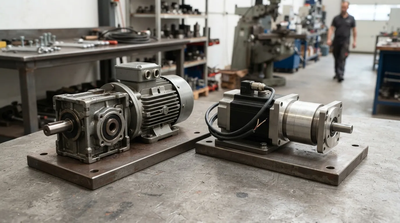 A gear motor and a servo motor with planetary gearbox mounted side by side on steel plates.