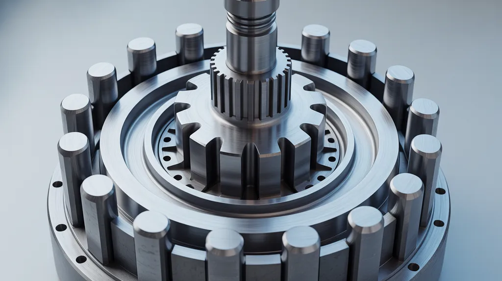 Cross-section of a cycloidal gearbox showing the lobed disc, eccentric cam, and ring pins.
