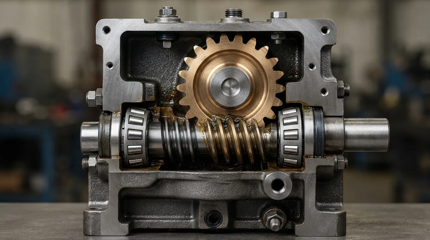 Cutaway view of a worm gearbox with the threaded worm shaft engaging the bronze worm wheel at a right angle.