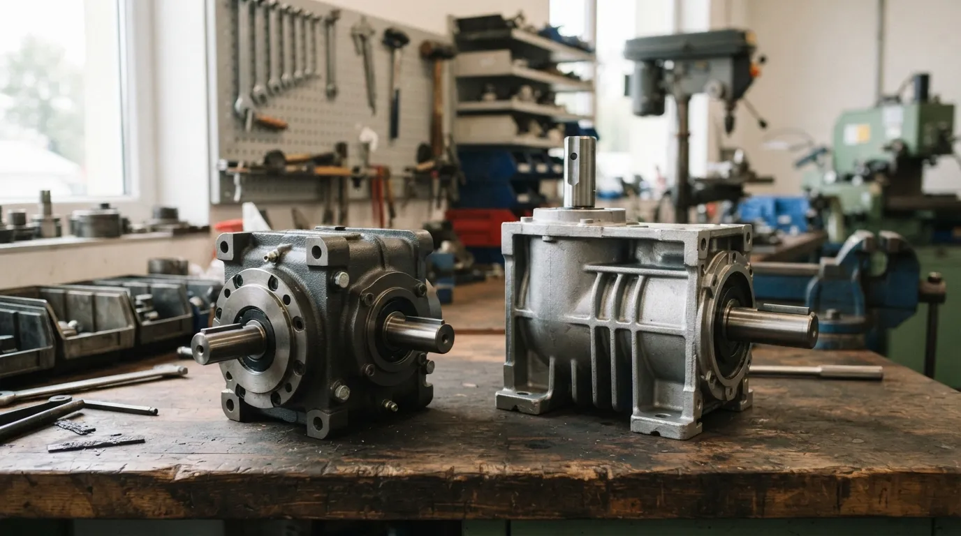 Two industrial gearboxes side by side: a cycloidal reducer with parallel shafts and a right-angle worm gear reducer.