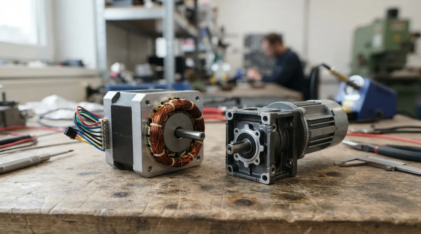 Comparaison côte à côte d’un moteur pas à pas avec des enroulements apparents et d’un moteur compact industriel.