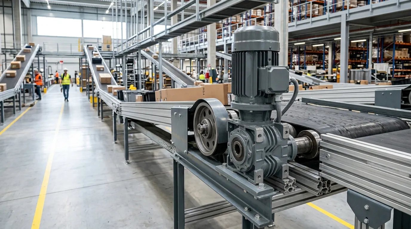 Système de convoyeurs industriels entraîné par un moteur à engrenages hélicoïdal monté dans un environnement d’usine propre.
