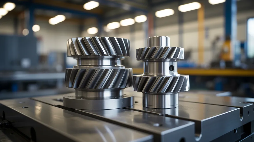 Machined helical steel gears beside a gearbox housing on a CNC machine table