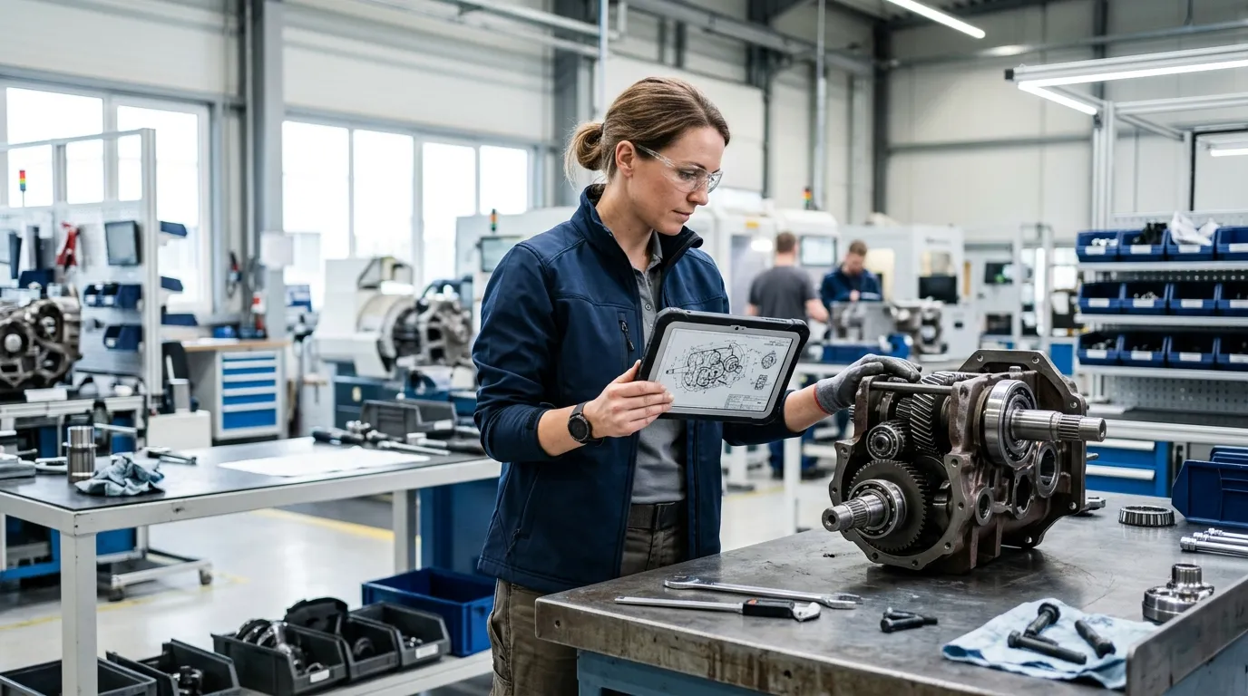Engineer reviewing a gearbox drawing on a tablet next to a partially assembled gearbox