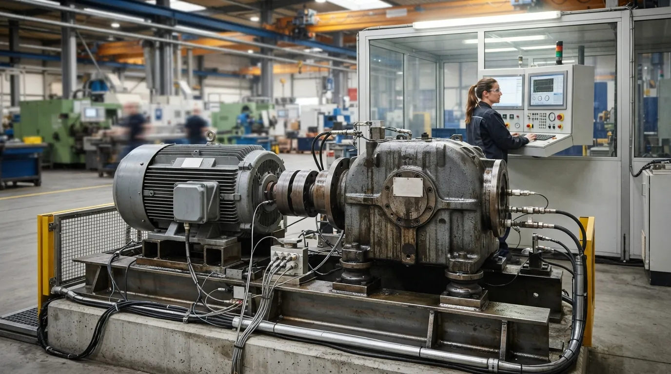 Industrial gearbox connected to a motor on a factory test stand with a technician at a control panel