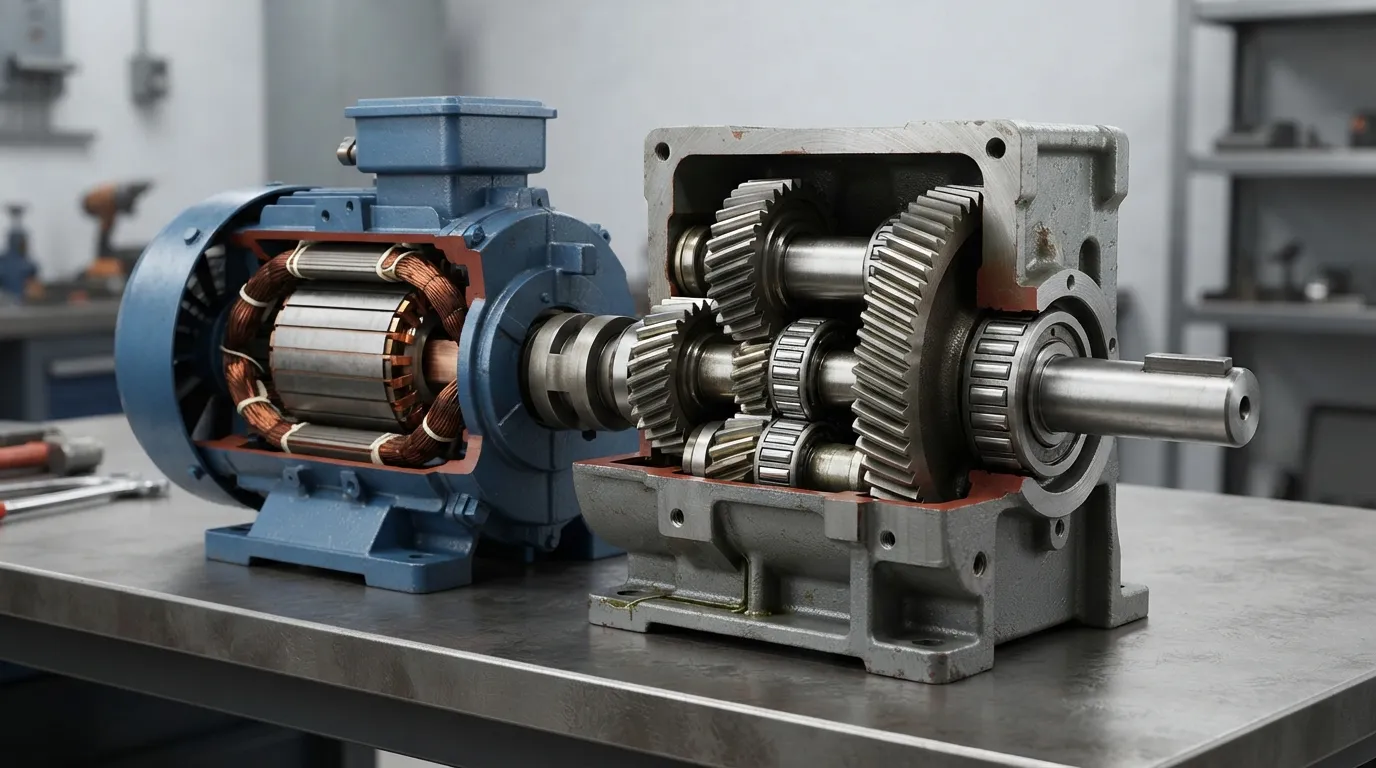 Cutaway industrial gear motor showing an electric motor, internal gears and output shaft