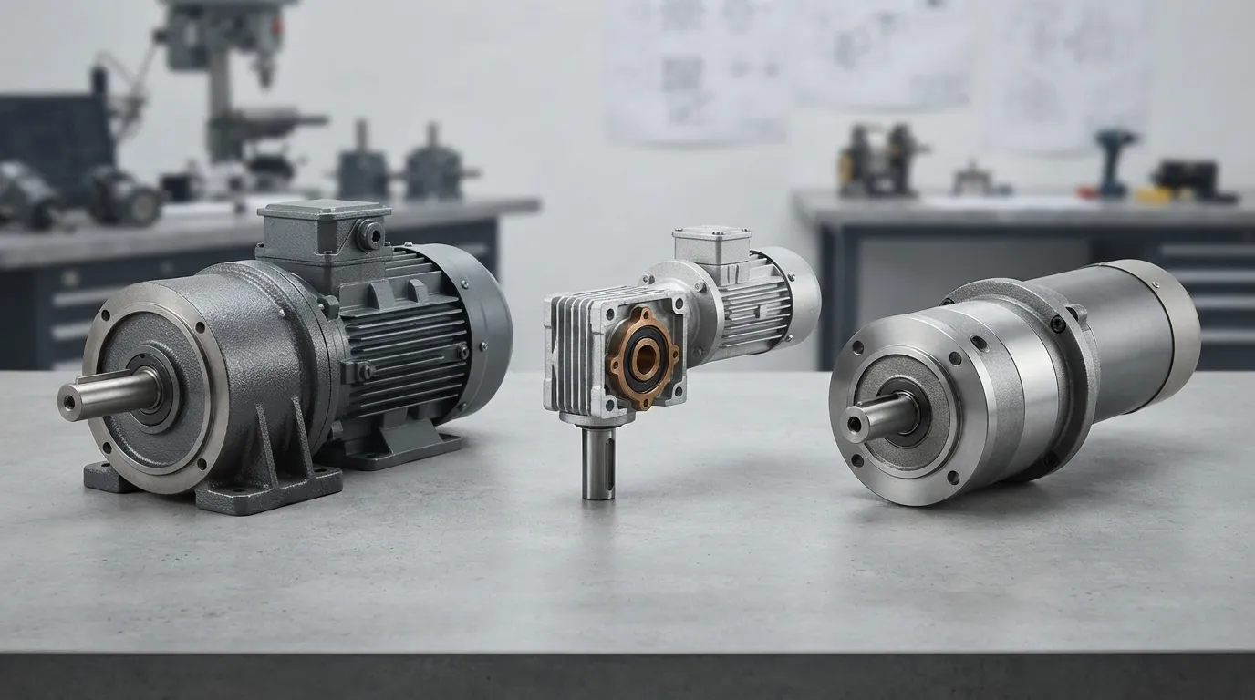 Side-by-side comparison of helical, worm and planetary gear motor designs